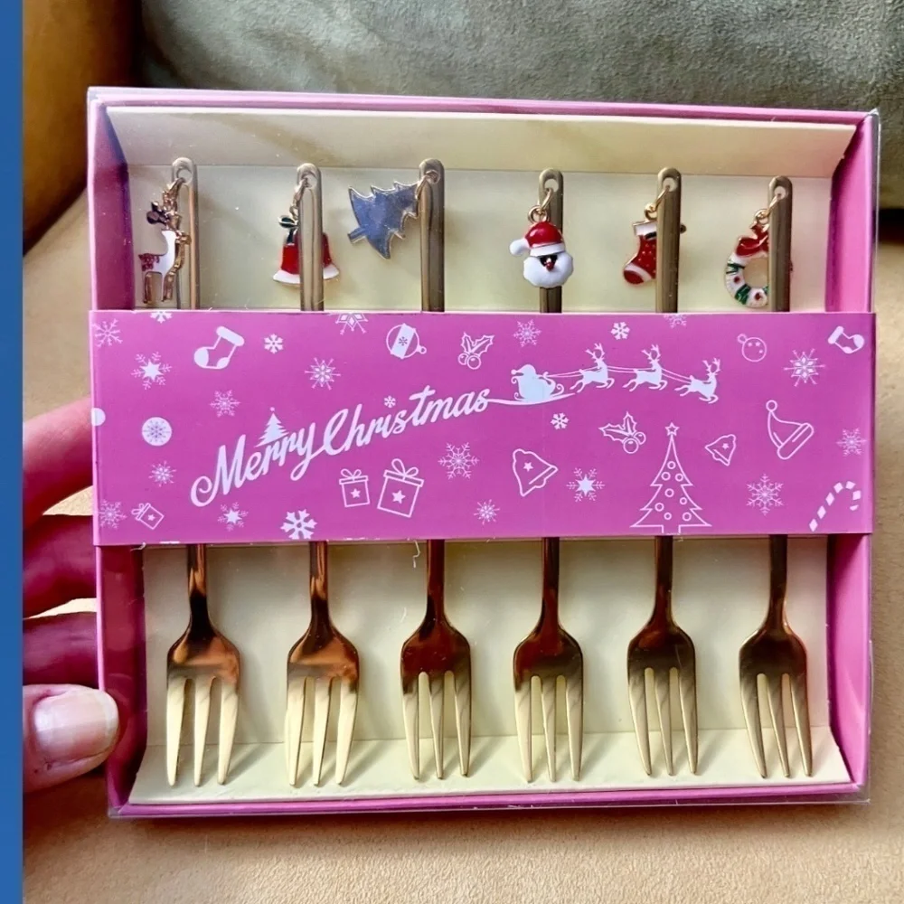 Set of 6 Gold-Plated Stainless Steel Christmas Theme Small Flatware Forks NWT